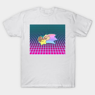 Shooting Star Sloth and Pug Vaporwave Grid Pattern T-Shirt